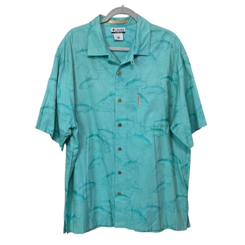 Columbia Teal Blue River Lodge Fish Camp Print Short Sleeve Shirt‎ Sz XXL